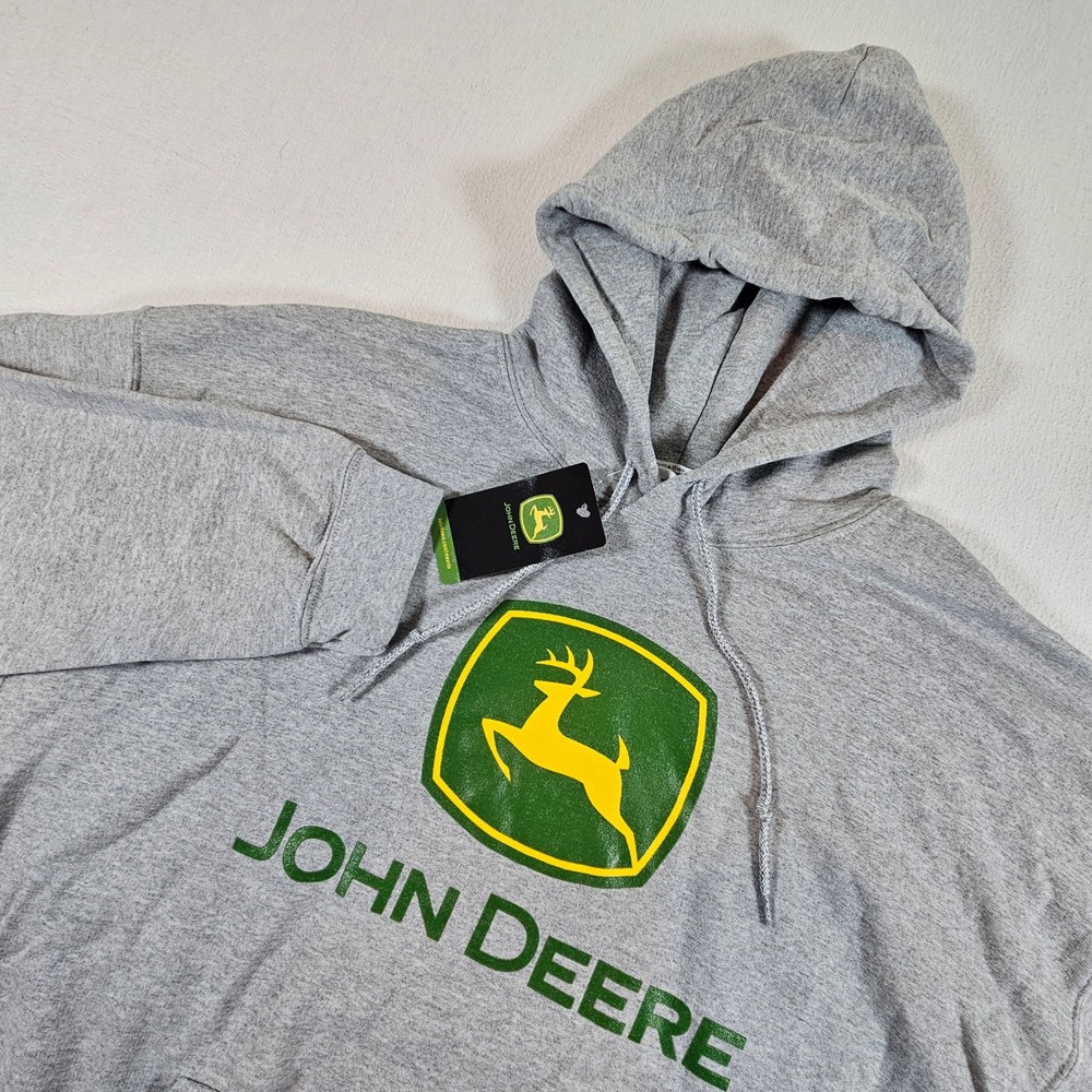John Deere Hoodie Mens XL Gray Graphic Logo Fleece Pullover Sweatshirt